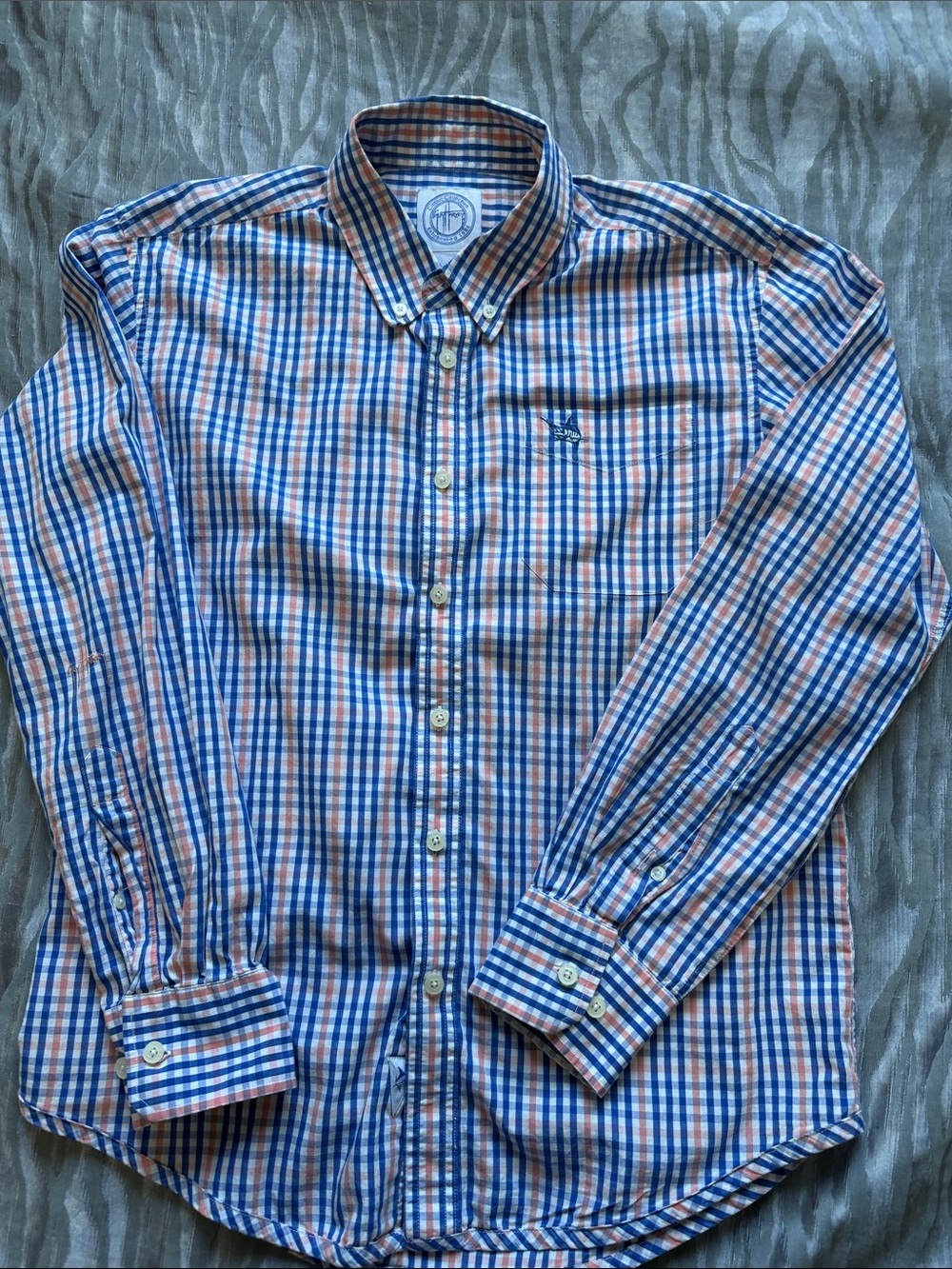 Guy Harvey Classic Collection Blue and Orange Plaid Button-Down Shirt. Size S